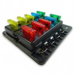 10 Way 12V Circuit Fuse Block - LED Indicators - Blade Terminals