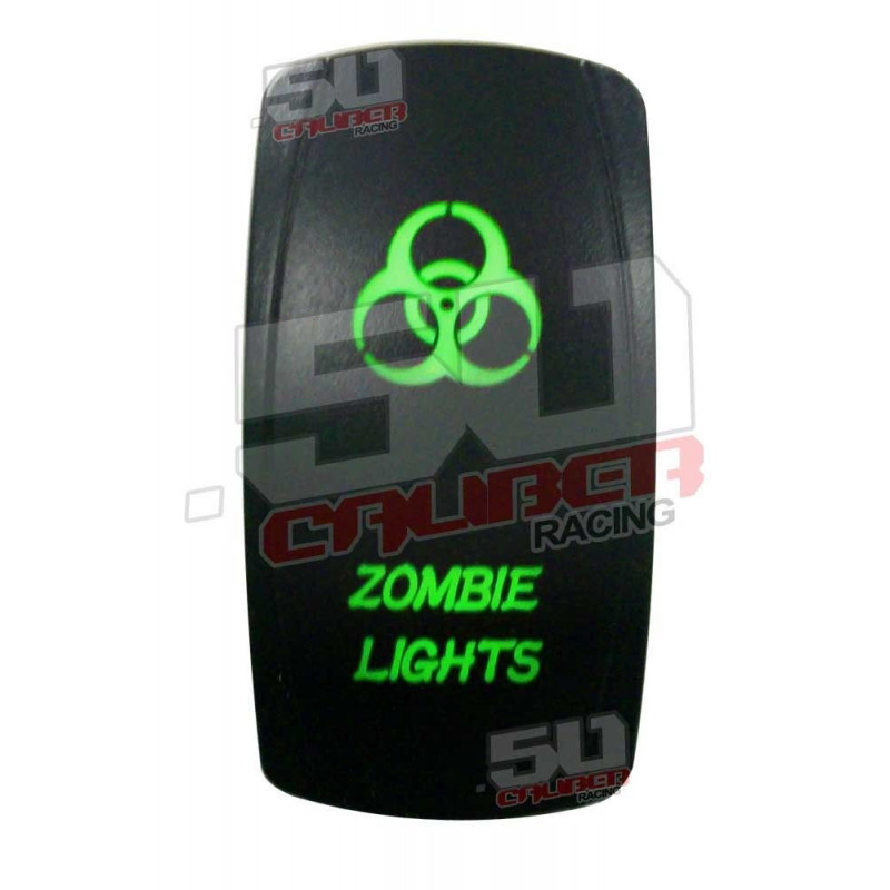Illuminated 50 Caliber Racing On/Off Rocker Switch with laser etched design - "Zombie Lights" GREEN LED