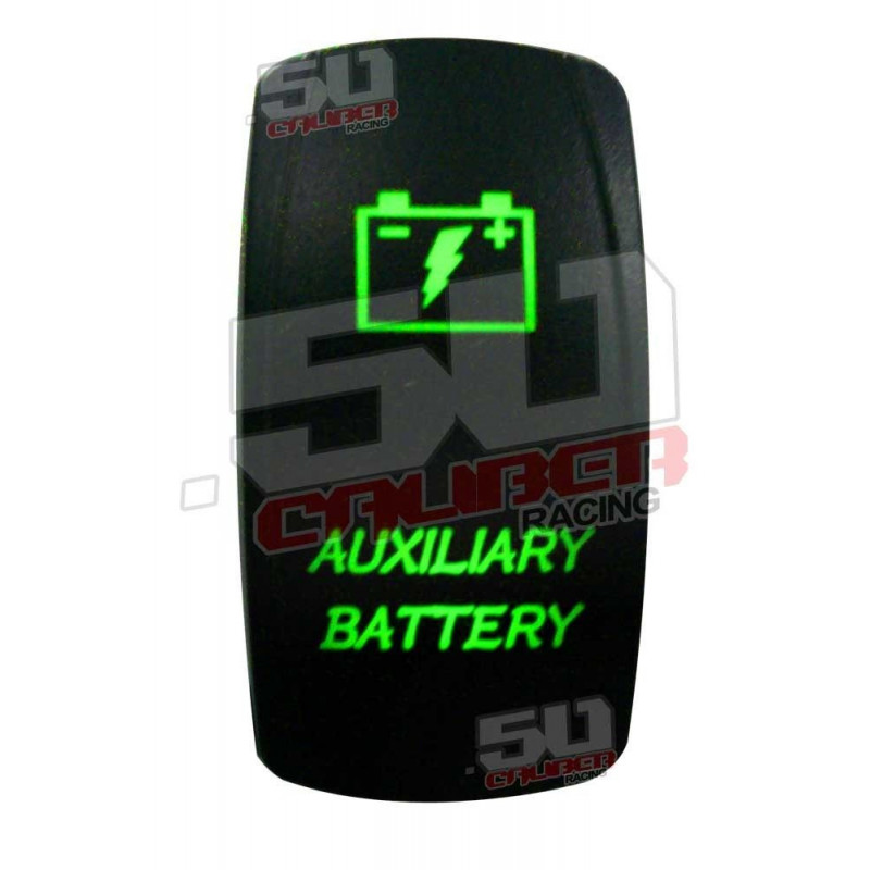 Illuminated 50 Caliber Racing On/Off Rocker Switch with laser-etched design "Auxiliary Battery"