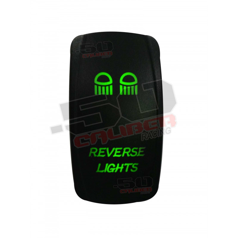 Illuminated 50 Caliber Racing On/Off Rocker Switch with laser-etched design - "Reverse Lights"