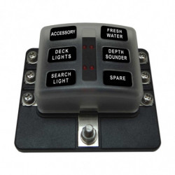 6 Way 12V Circuit Fuse Block - LED Indicators - Ring Terminals