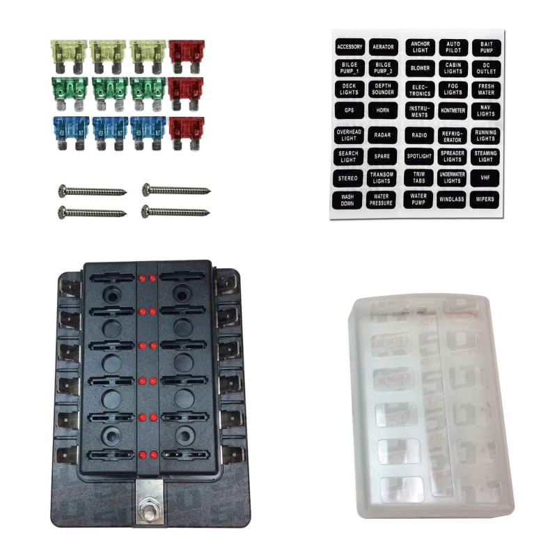12 Way 12V Circuit Fuse Block - LED Indicators - Blade Terminals